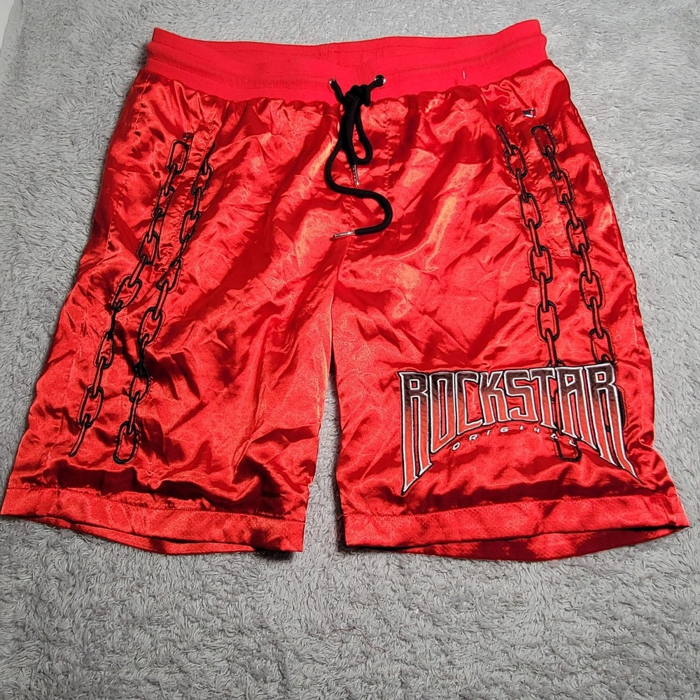 Rockstar Original Mens Satin Basketball Shorts Red Chain Graphics Size XL